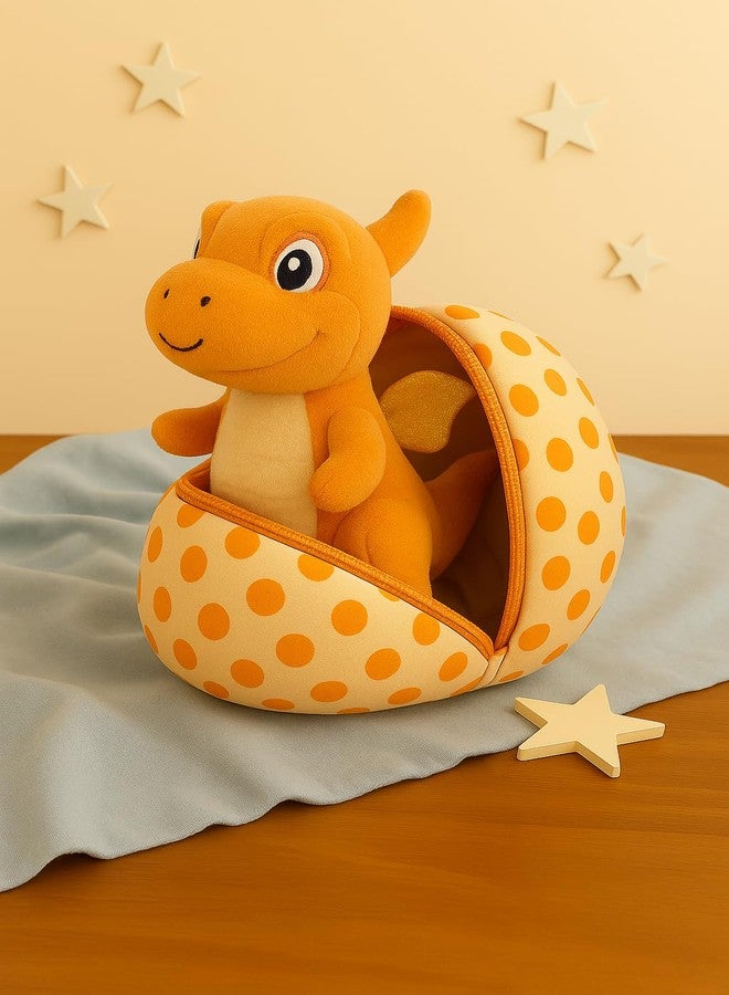 Dimpy Stuff Orange Dinosaur Plush Toy with Egg Shell, 16 cm - Image 1